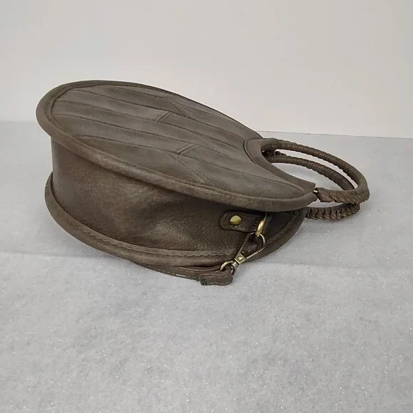 Antik Kraft Round Crossbody Bag Gray Brown Faux Leather Braided Handle - Picture 7 of 14